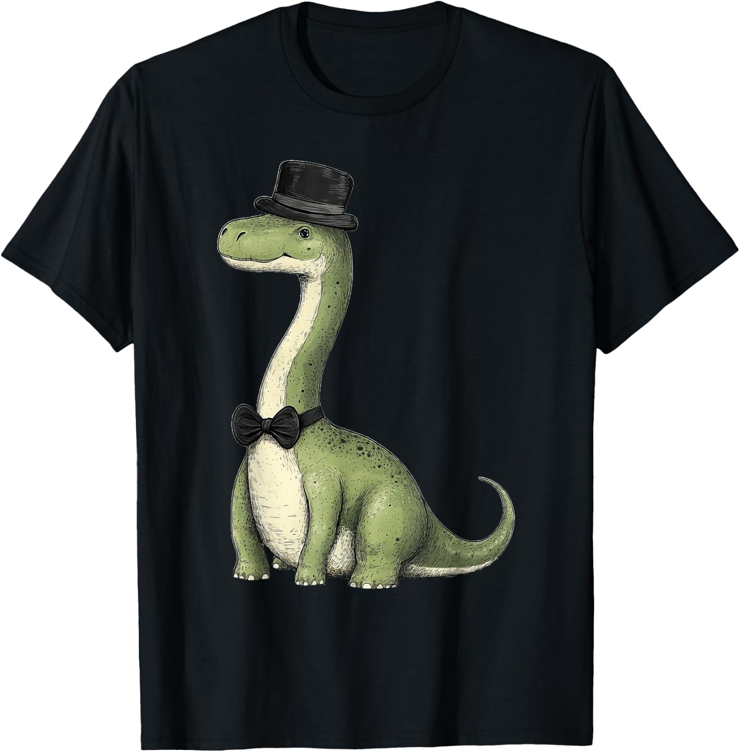 Brachiosaurus Dinosaur Wearing A Hat And Bowtie T-Shirt - T-Shirt | Black