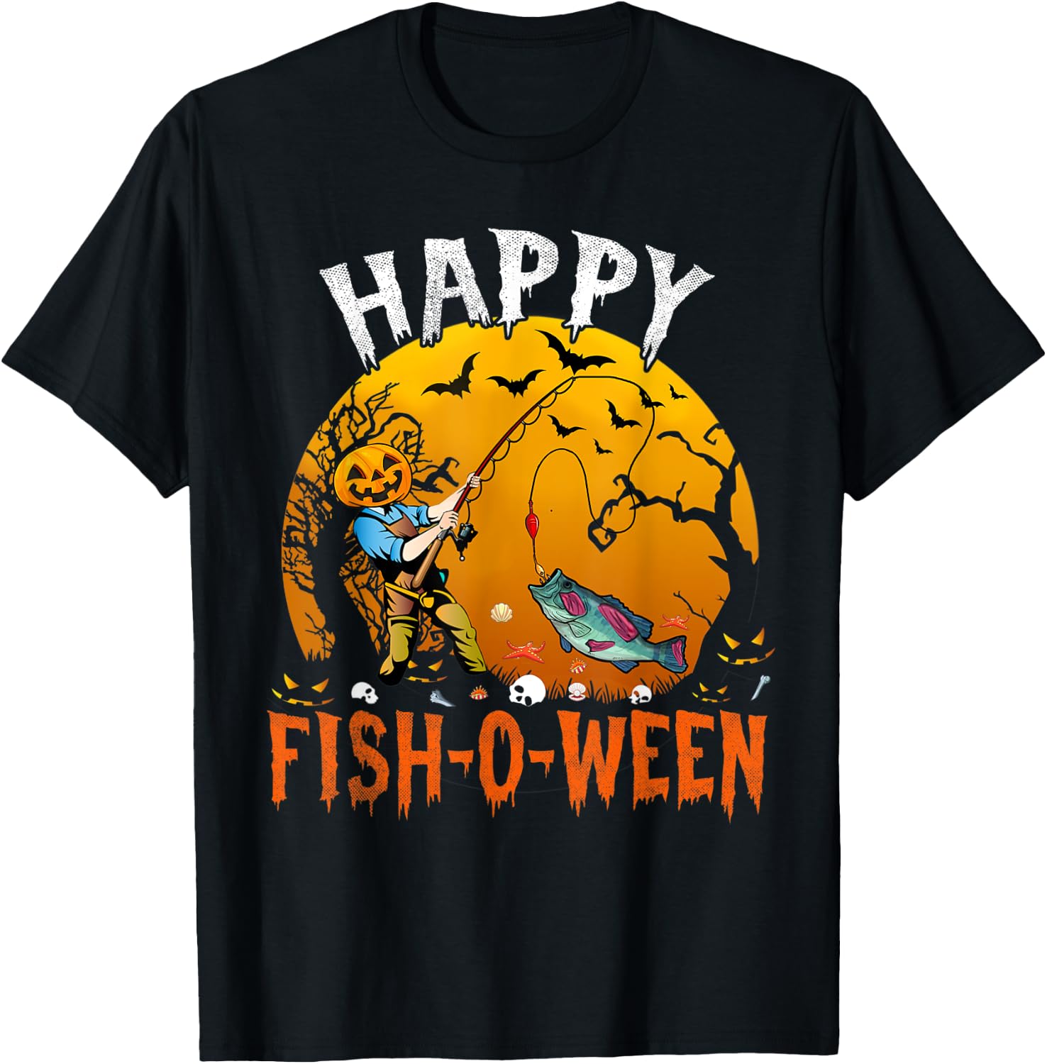 Happy Fish-o-ween Halloween Funny Fishing Fisherman Costume T-Shirt - T-Shirt | Black