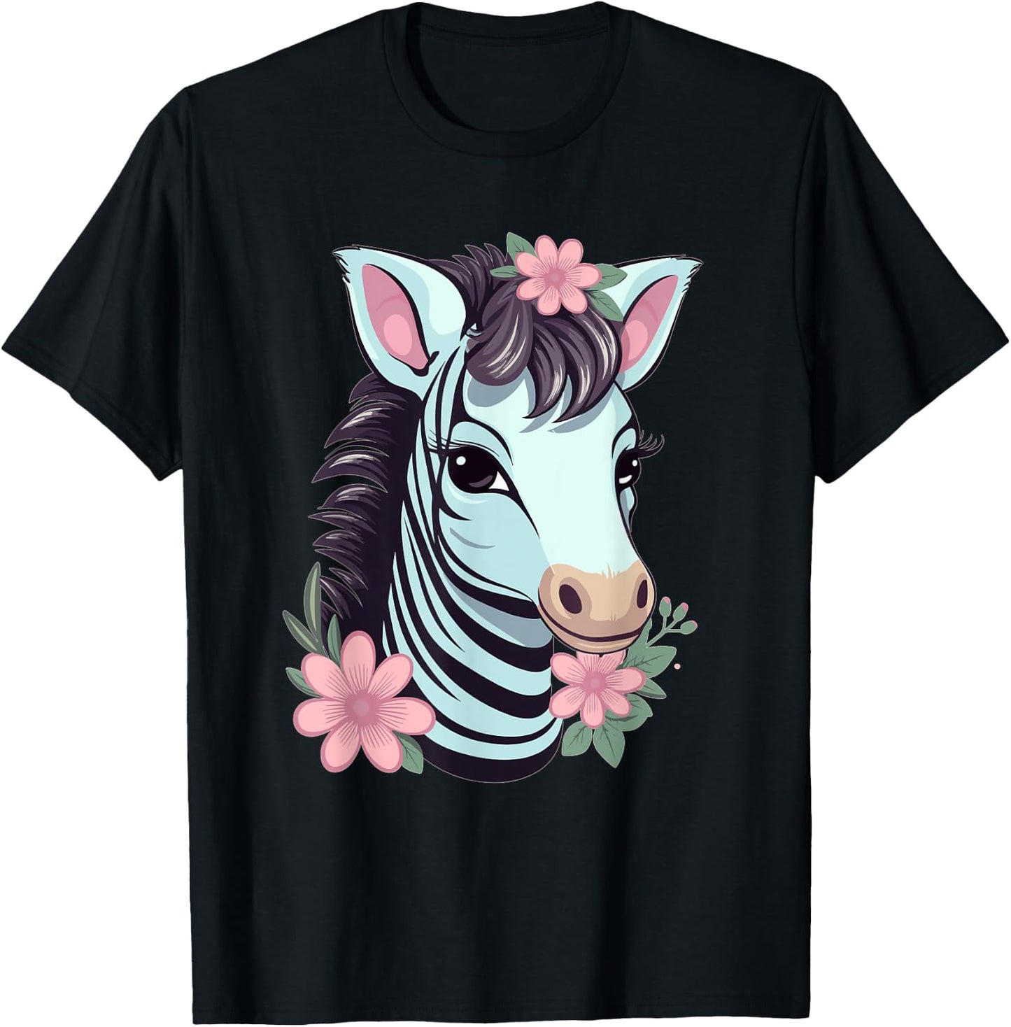 Cute Zebra With Flowers I Kids Zebra T-Shirt - T-Shirt | Black