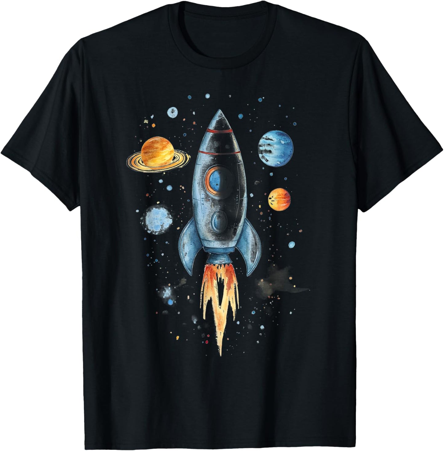 Distressed Rocket Ship And Planets T-Shirt - T-Shirt | Black
