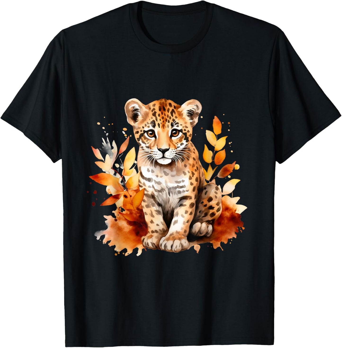 Cheetah Cub Spot Cat Autumn Baby Leopard Safari Watercolor T-Shirt - T-Shirt | Black