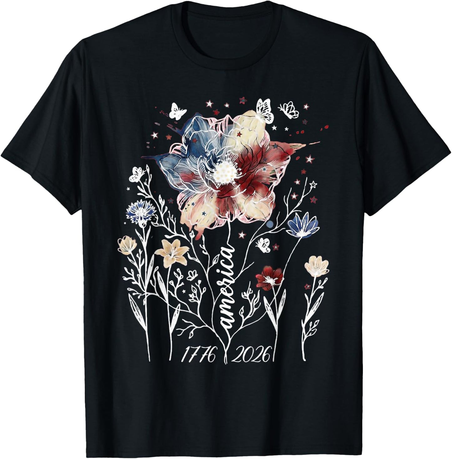 Vintage Americana Wildflower Floral 1776 2026 Patriotic T-Shirt - T-Shirt | Black