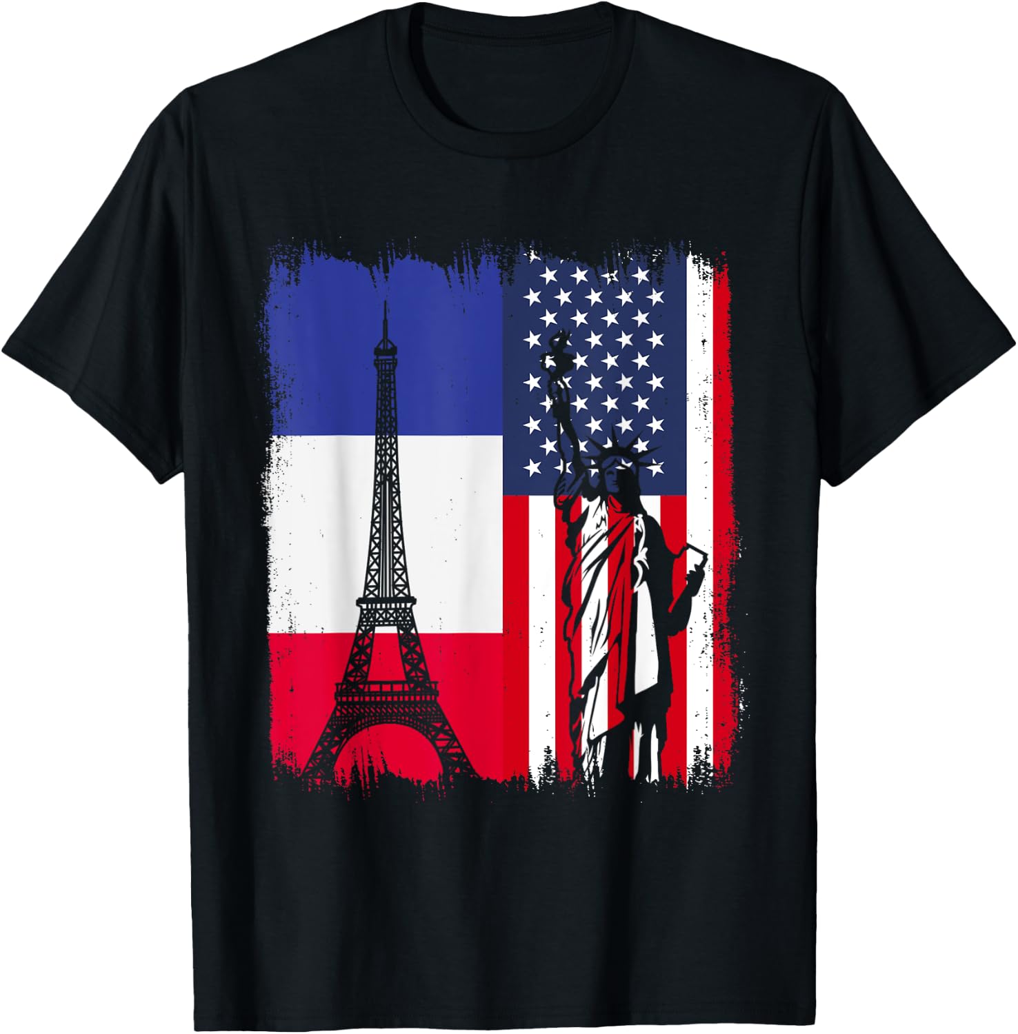 France Eiffel Tower Flag America Statue of Liberty , Black, S T-Shirt - T-Shirt | Black