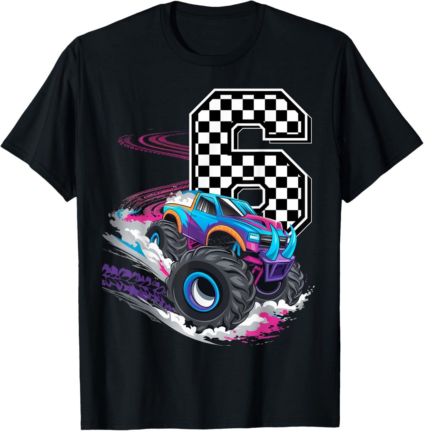 6th Birthday Monster Truck Boys 6 Six racing car flag Kids T-Shirt - T-Shirt | Black