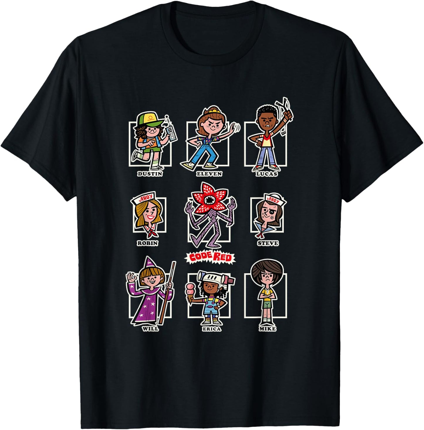 Stranger Things The Party Group Chibi Vintage Code Red Icons T-Shirt - T-Shirt | Black