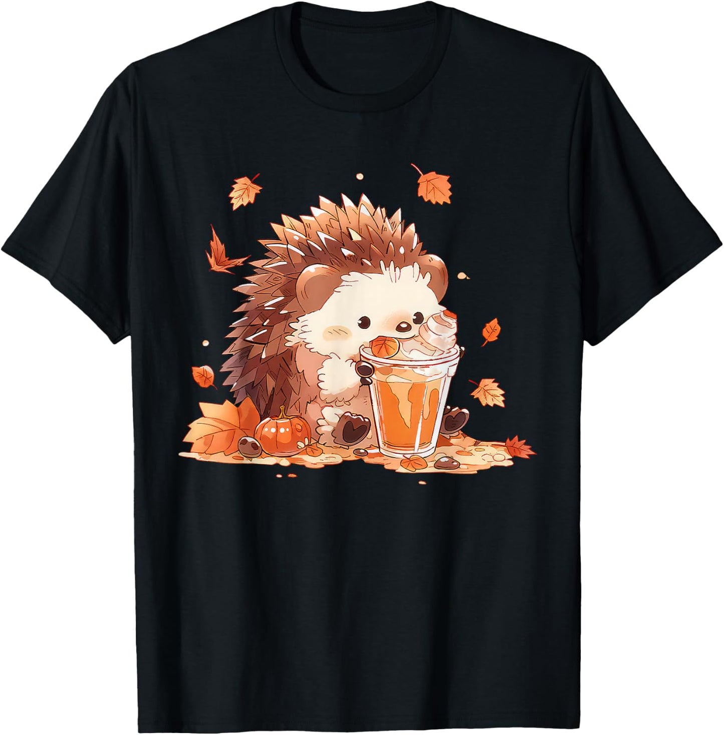 Cute Hedgehog Drinking Coffee Latte Fall Autumn Thanksgiving T-Shirt - T-Shirt | Black