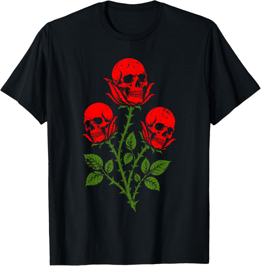 Dark Skull Red Roses Vintage Horror Grunge Aesthetic T-Shirt - T-Shirt | Black