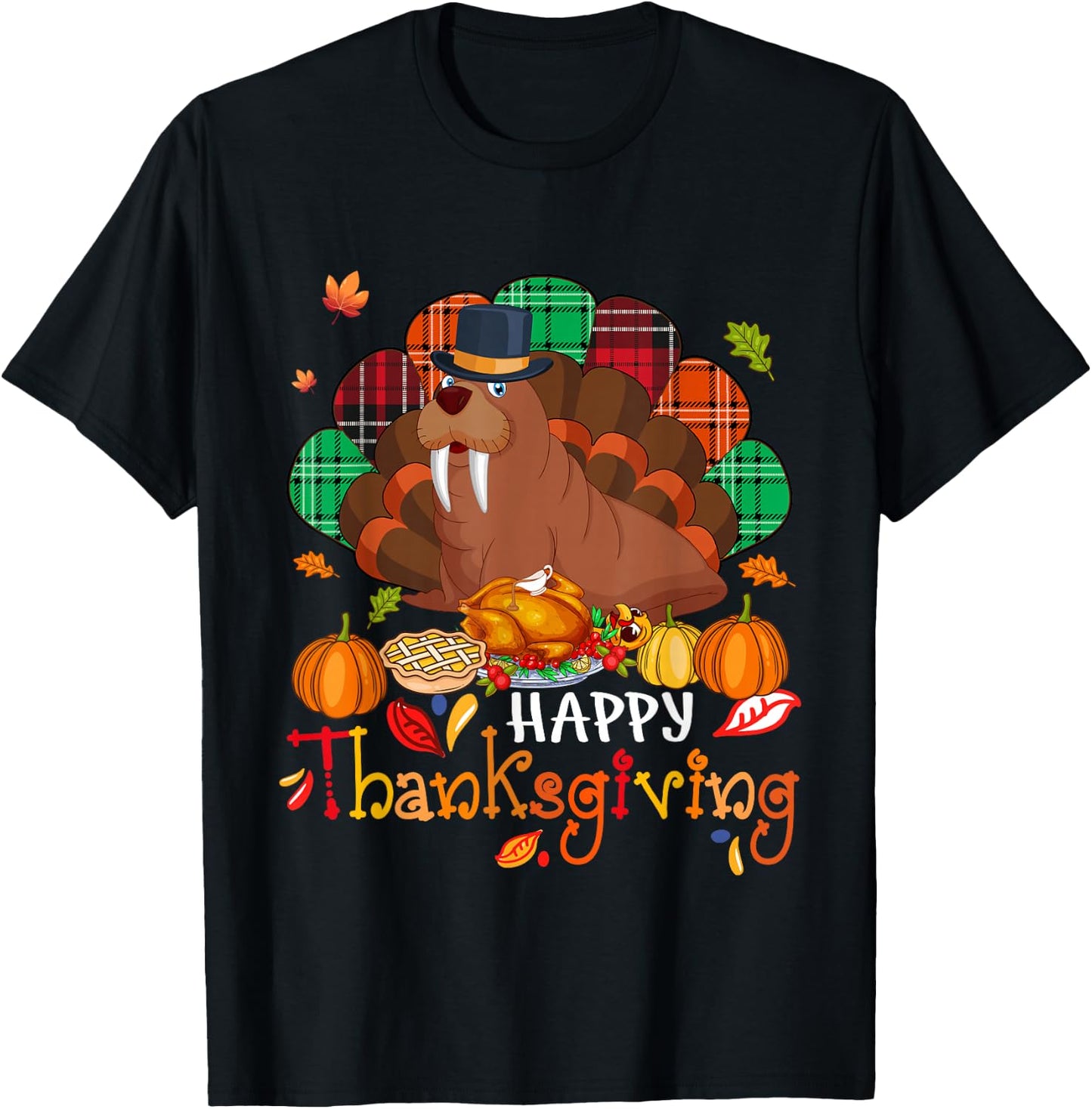Happy Thanksgiving Cute Walrus Cosplay Turkey With Dinner T-Shirt - T-Shirt | Black