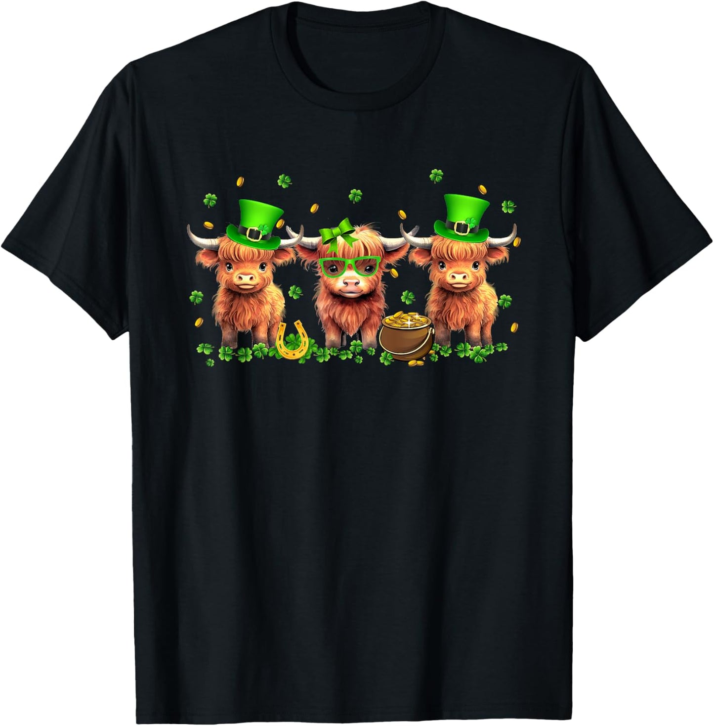 Highland Cow Print St Patricks Day Shamrock Irish Holiday T-Shirt - T-Shirt | Black