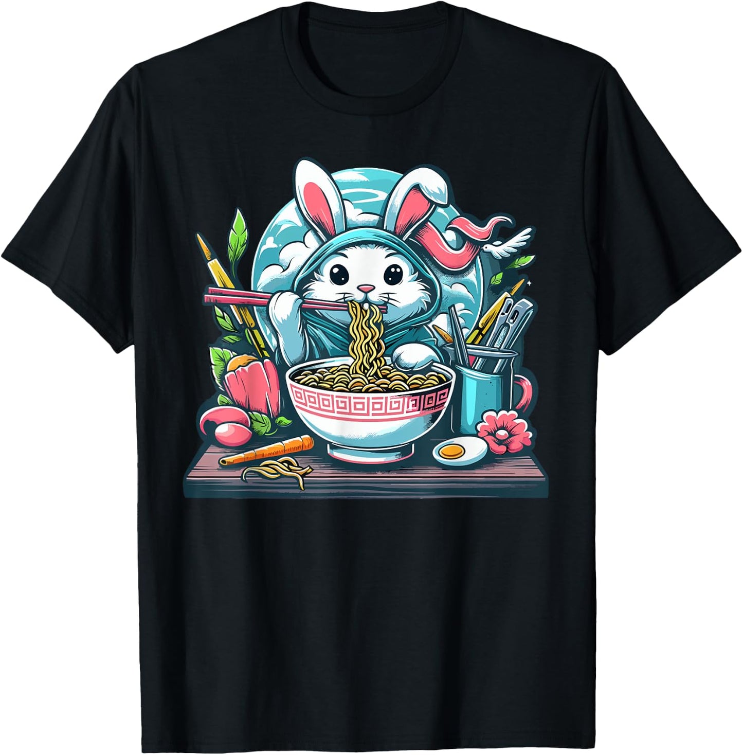 Easter Bunny Anime Eating Ramen Noodles Kawaii Rabbit T-Shirt - T-Shirt | Black