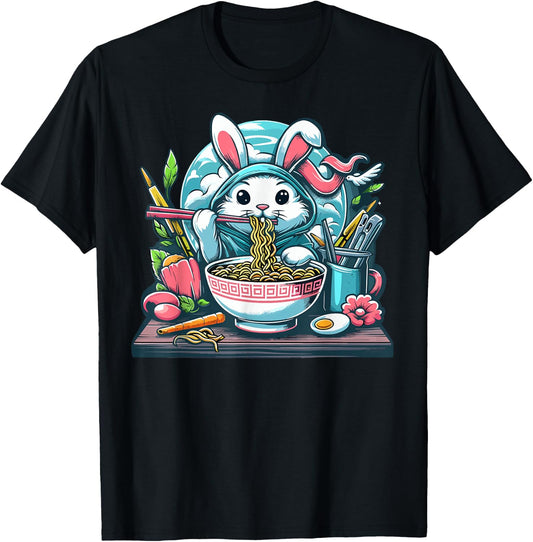 Easter Bunny Anime Eating Ramen Noodles Kawaii Rabbit T-Shirt - T-Shirt | Black