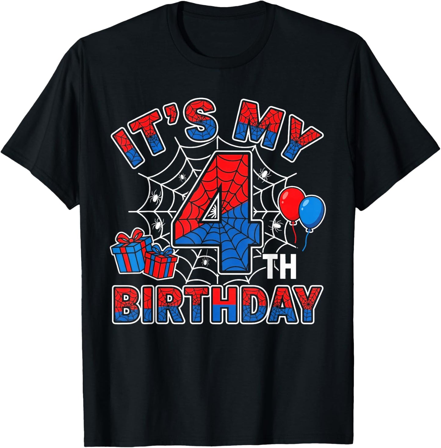 Its My 4th Birthday Boy 4 Year Old Spider Web Birthday Party T-Shirt - T-Shirt | Black