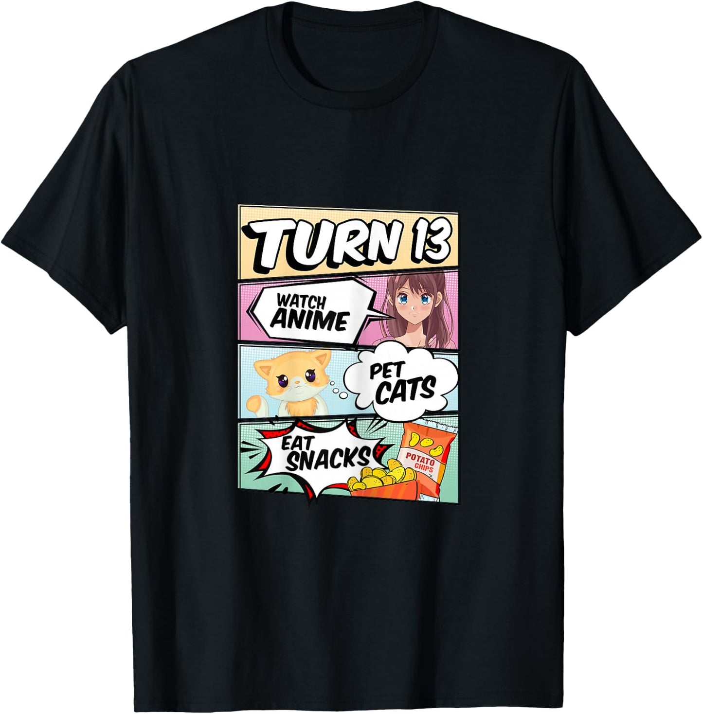 13th Birthday Anime Girl turns 13 pet cats watch anime T-Shirt - T-Shirt | Black