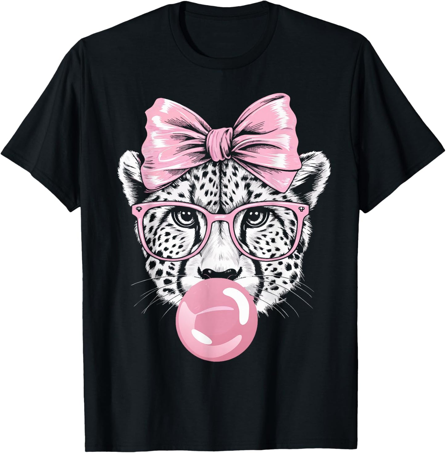 Cheetah Wearing Glasses and Blowing Pink Bubble Gum T-Shirt - T-Shirt | Black