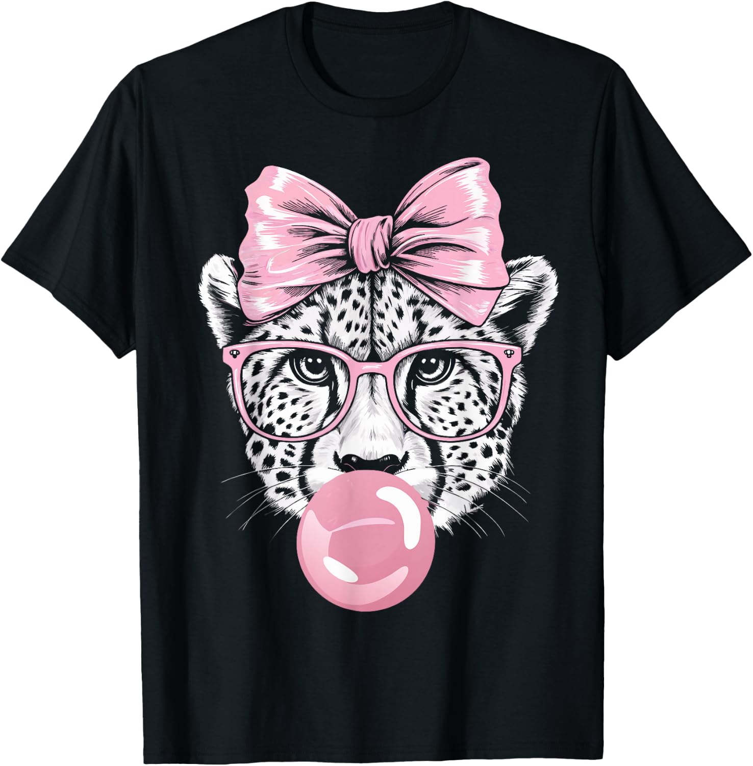 Cheetah Wearing Glasses and Blowing Pink Bubble Gum T-Shirt - T-Shirt | Black