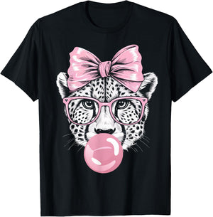 Cheetah Wearing Glasses and Blowing Pink Bubble Gum T-Shirt - T-Shirt | Black