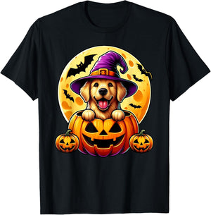 Halloween Golden Retriever Witch Hat Pumpkin Dog Lover T-Shirt - T-Shirt | Black