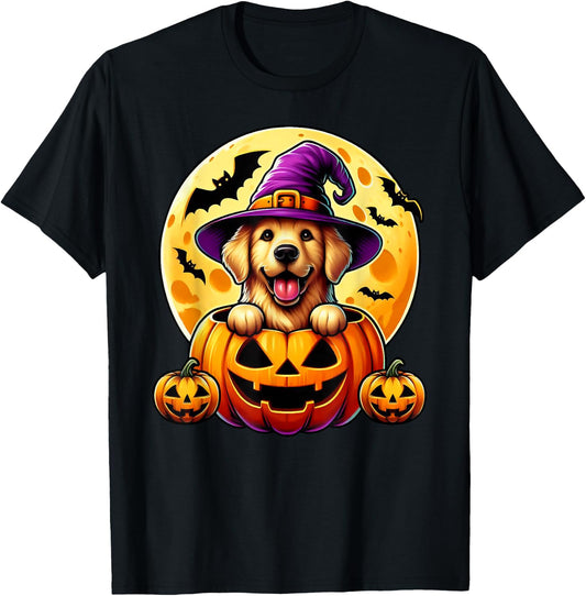 Halloween Golden Retriever Witch Hat Pumpkin Dog Lover T-Shirt - T-Shirt | Black