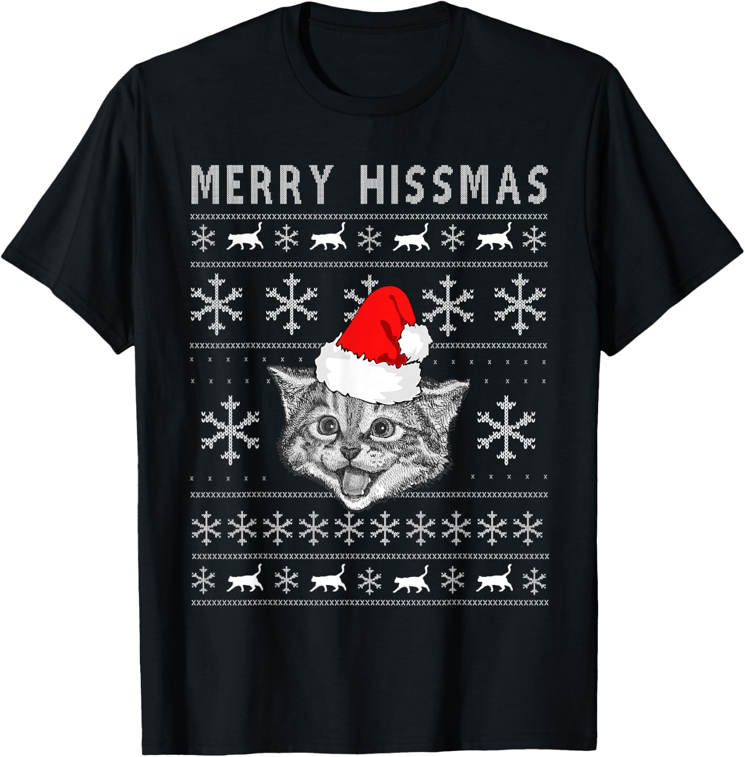 Merry Hissmas Ugly Christmas Cat Wearing Santa Hat Men Women Kids T-Shirt - T-Shirt | Black