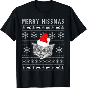 Merry Hissmas Ugly Christmas Cat Wearing Santa Hat Men Women Kids T-Shirt - T-Shirt | Black