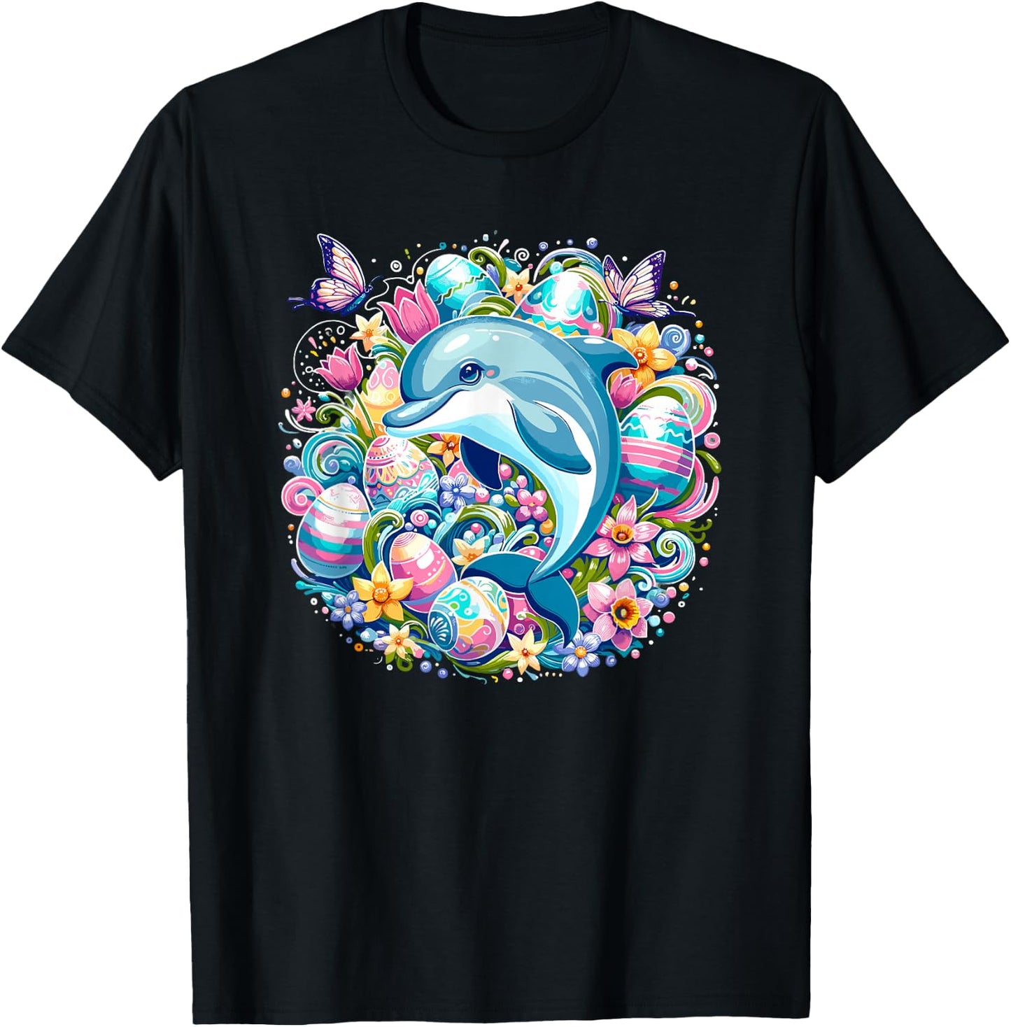 Easter Festive Illustration With Charming Dolphin Artwork T-Shirt - T-Shirt | Black