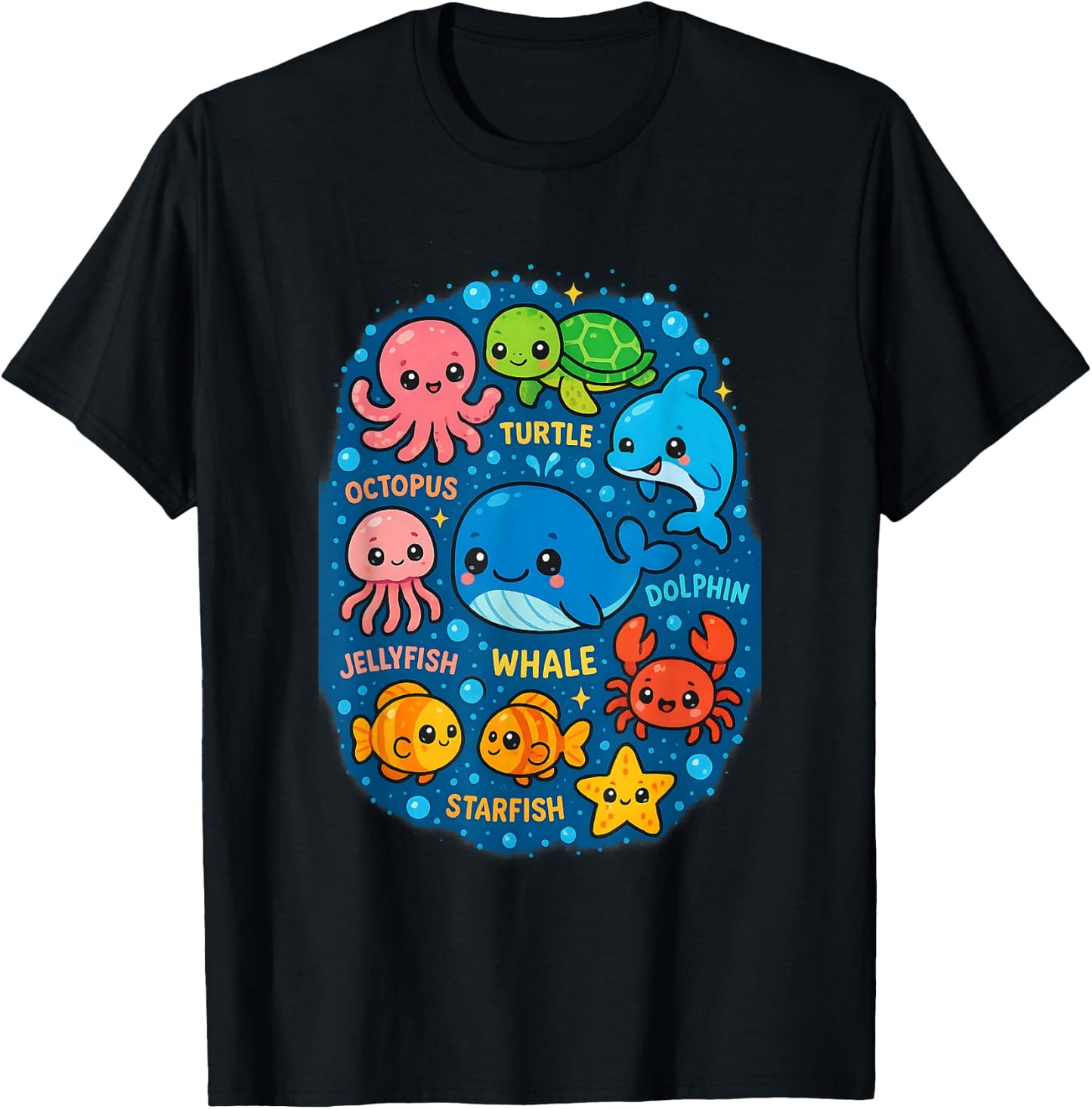 Kawaii Ocean Friends Whale & Sea Creatures Circle Cute T-Shirt - T-Shirt | Black