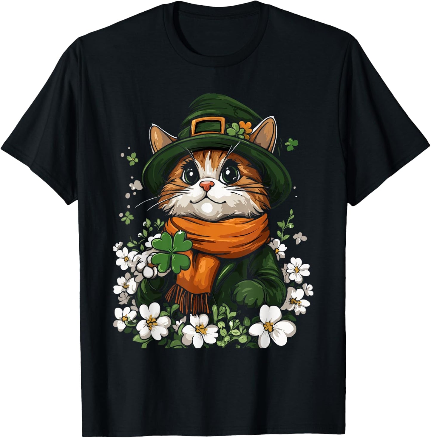 Leprechaun Cat Shamrock Girls Boys Kids St Patricks Day Cat T-Shirt - T-Shirt | Black