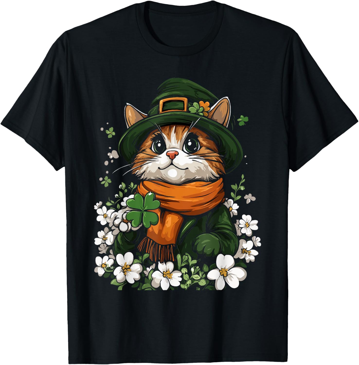 Leprechaun Cat Shamrock Girls Boys Kids St Patricks Day Cat T-Shirt - T-Shirt | Black