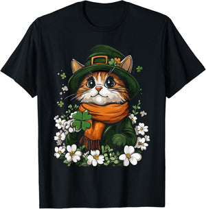 Leprechaun Cat Shamrock Girls Boys Kids St Patricks Day Cat T-Shirt - T-Shirt | Black