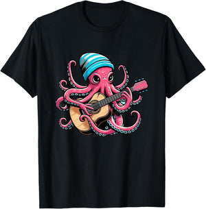Funny Octopus Playing Acoustic Guitar Shirt For Guitarist T-Shirt - T-Shirt | Black