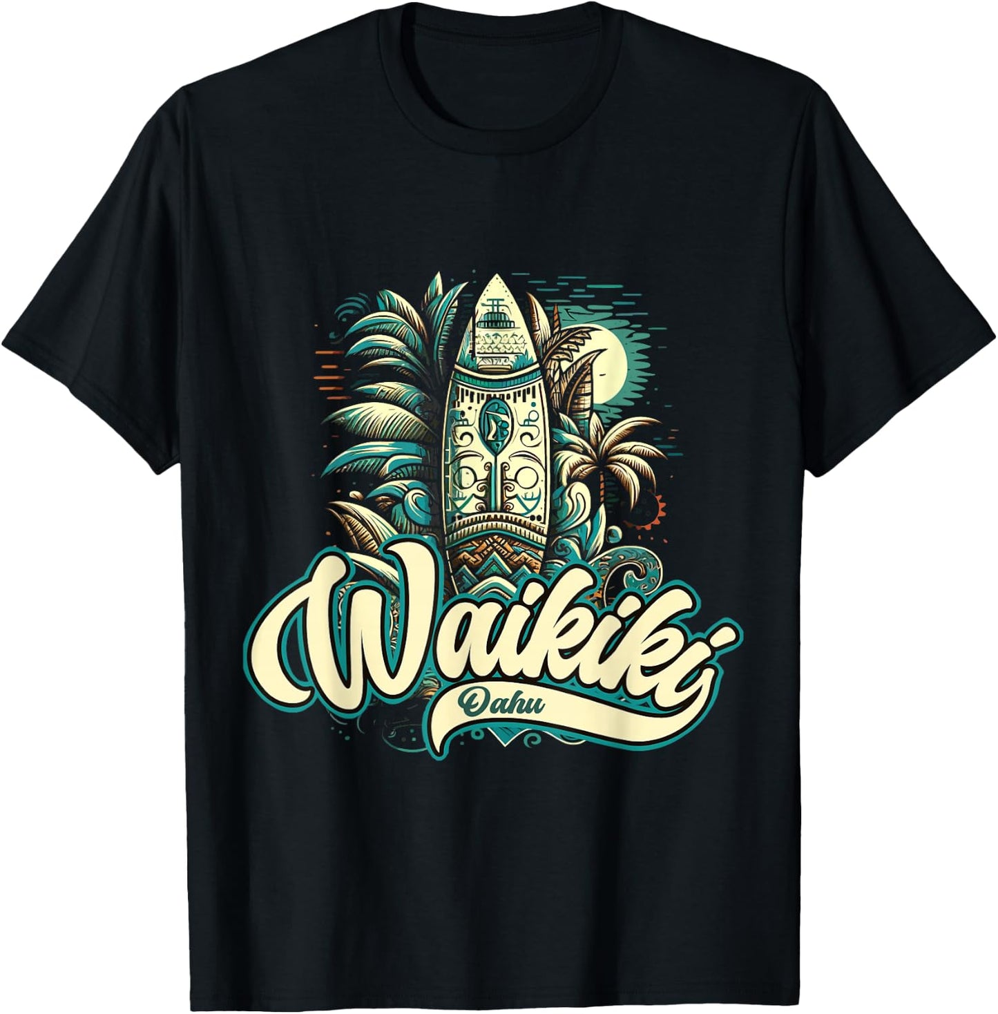 Waikiki Beach Polynesian Surf Hawaii , Black, S T-Shirt - T-Shirt | Black