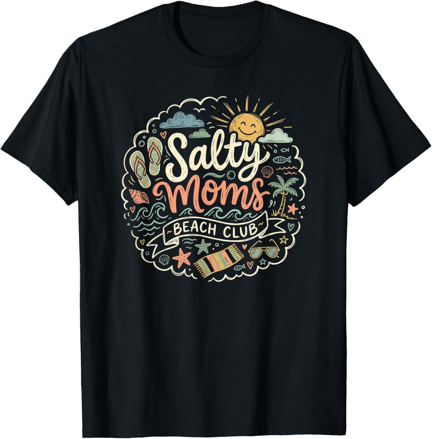 Salty Moms Beach Club Loving Mothers Coastal Doodle Art T-Shirt - T-Shirt | Black