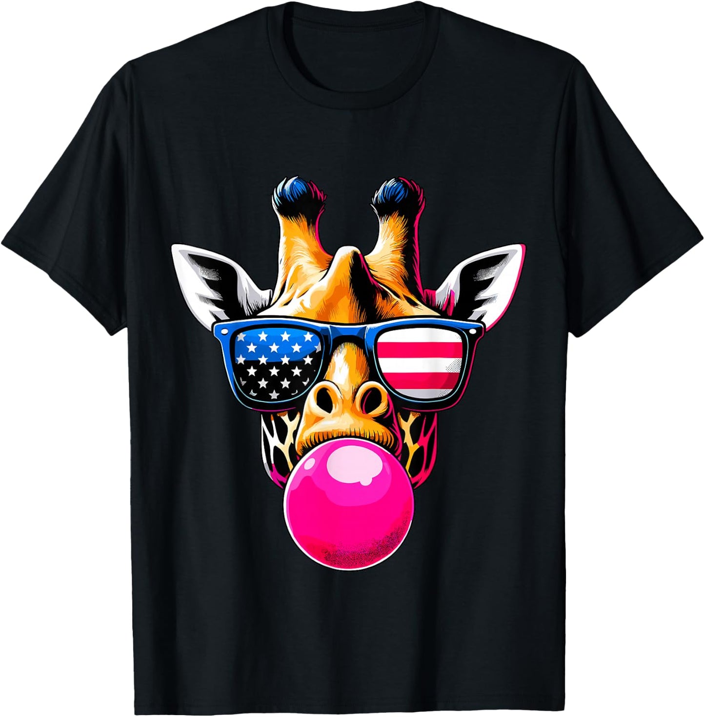 Giraffe with USA Glasses and Bubblegum 4th of July T-Shirt - T-Shirt | Black