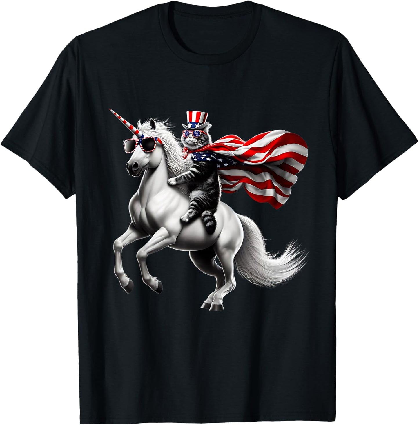 Cat riding Unicorn usa flag Patriotic 4th of July T-Shirt - T-Shirt | Black