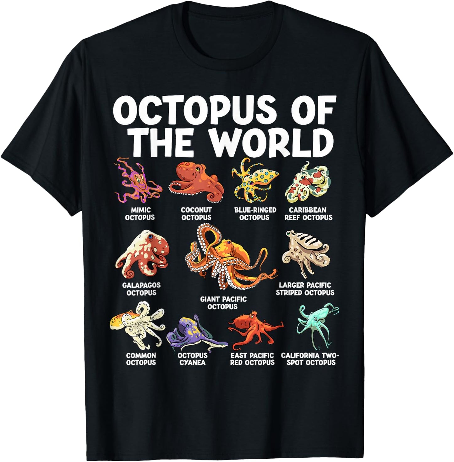 Octopus Of The World Kawaii Types Of Octopus Sea Animal T-Shirt - T-Shirt | Black