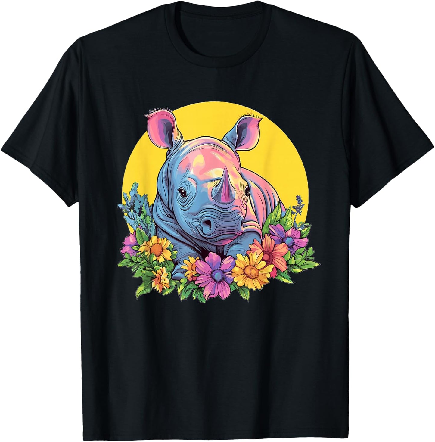 Cute Rhino With Flowers I Rhino T-Shirt - T-Shirt | Black