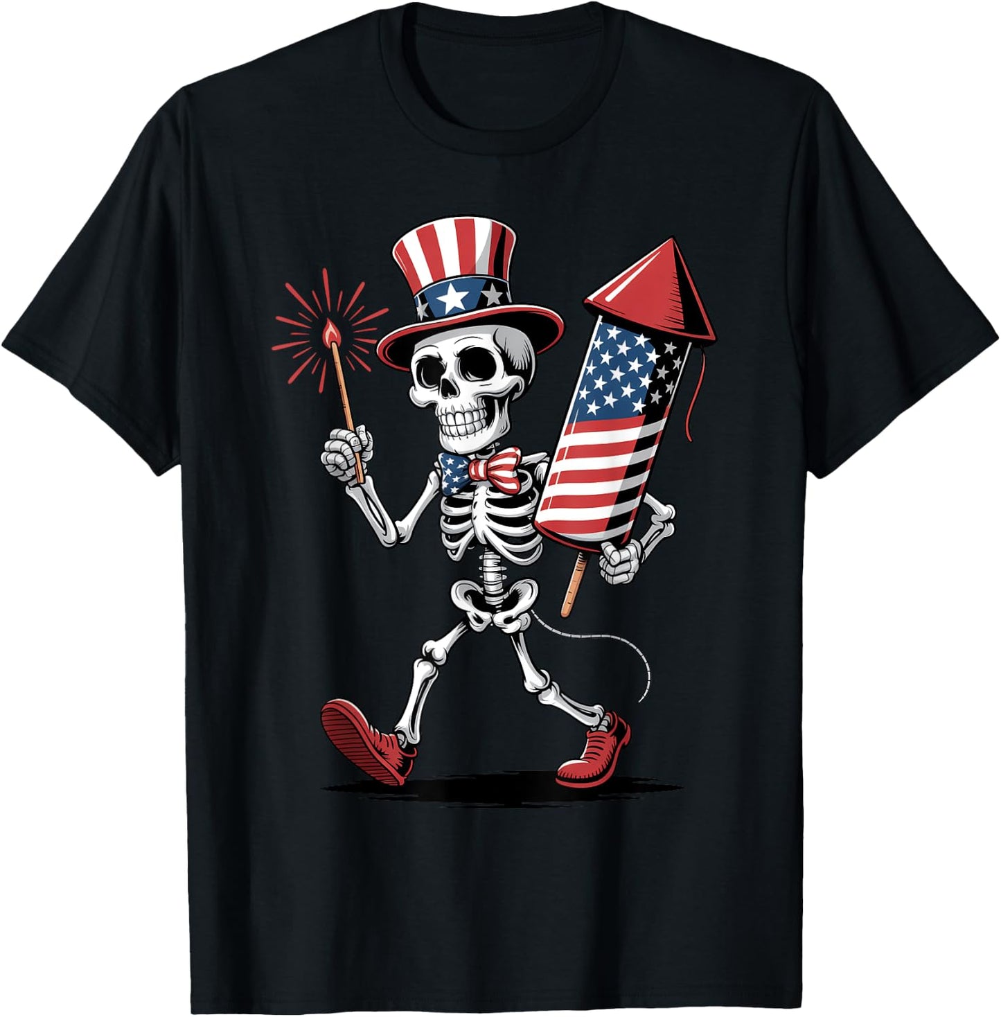 Happy 4th Of July Skeleton Holding Fireworks American Flag T-Shirt - T-Shirt | Black