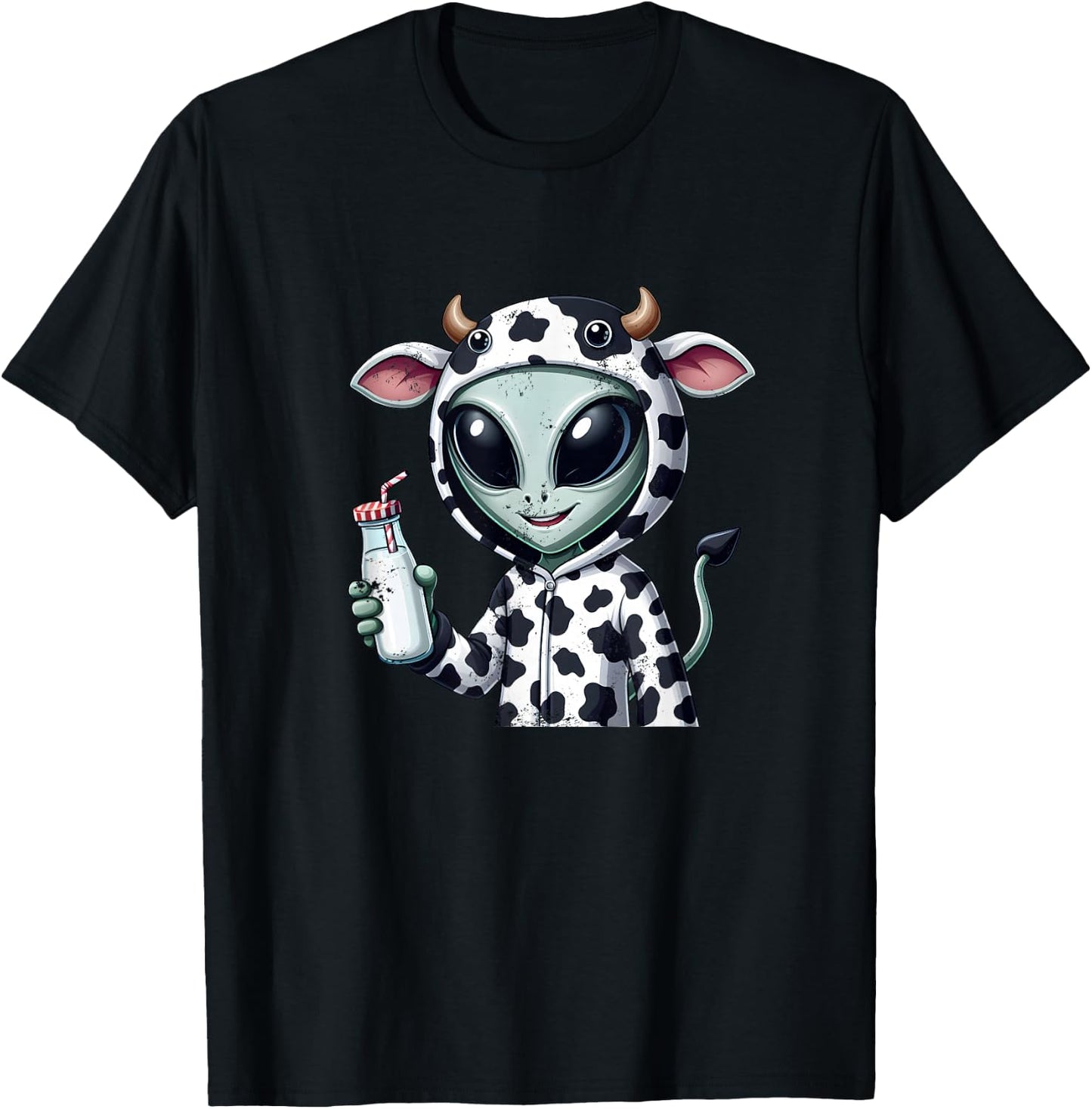 Alien in Cow Costume Holding Fresh Milk T-Shirt - T-Shirt | Black