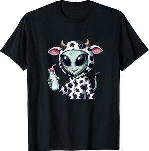 Alien in Cow Costume Holding Fresh Milk T-Shirt - T-Shirt | Black