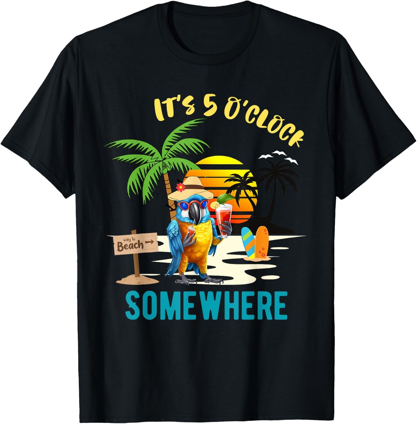 It's 5 O’clock Somewhere Parrot Sunset Drinking T-Shirt - T-Shirt | Black