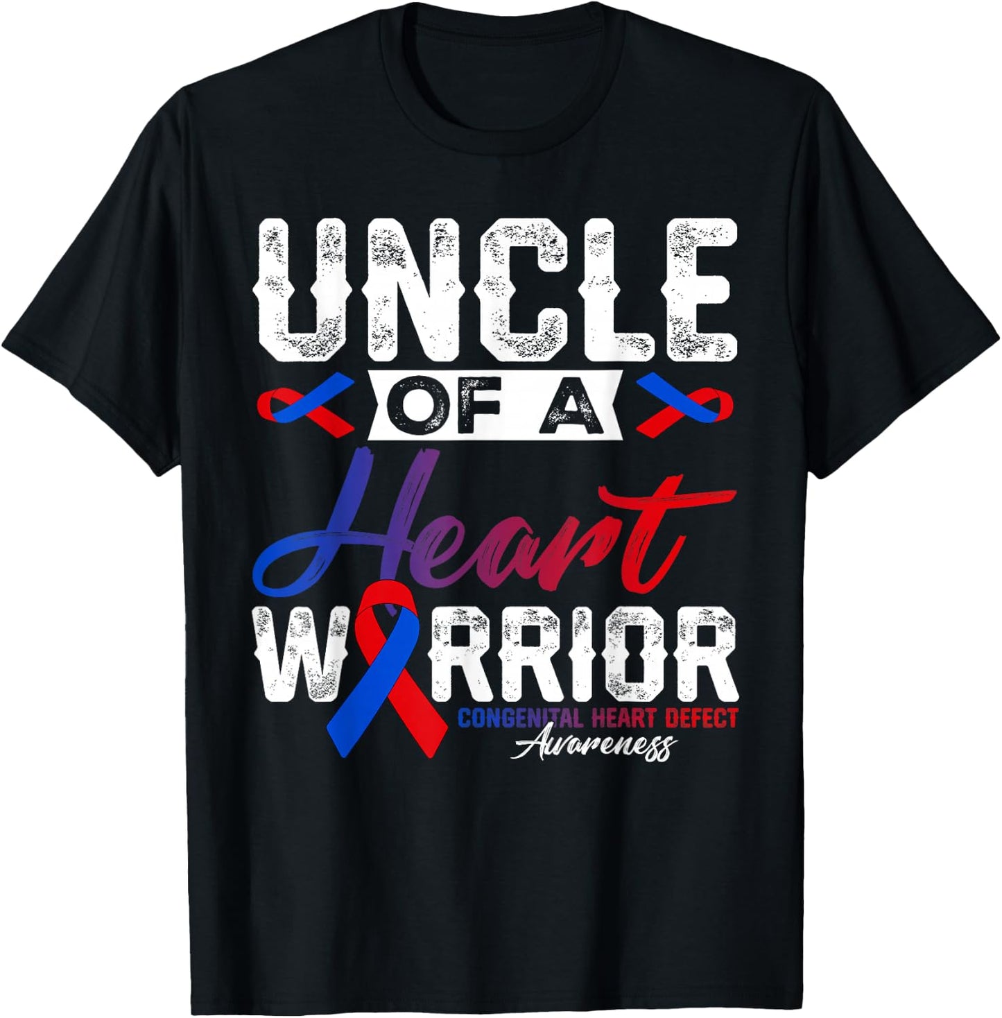 Uncle Of A Heart Warrior CHD Awareness Red Blue Ribbon Men T-Shirt - T-Shirt | Black