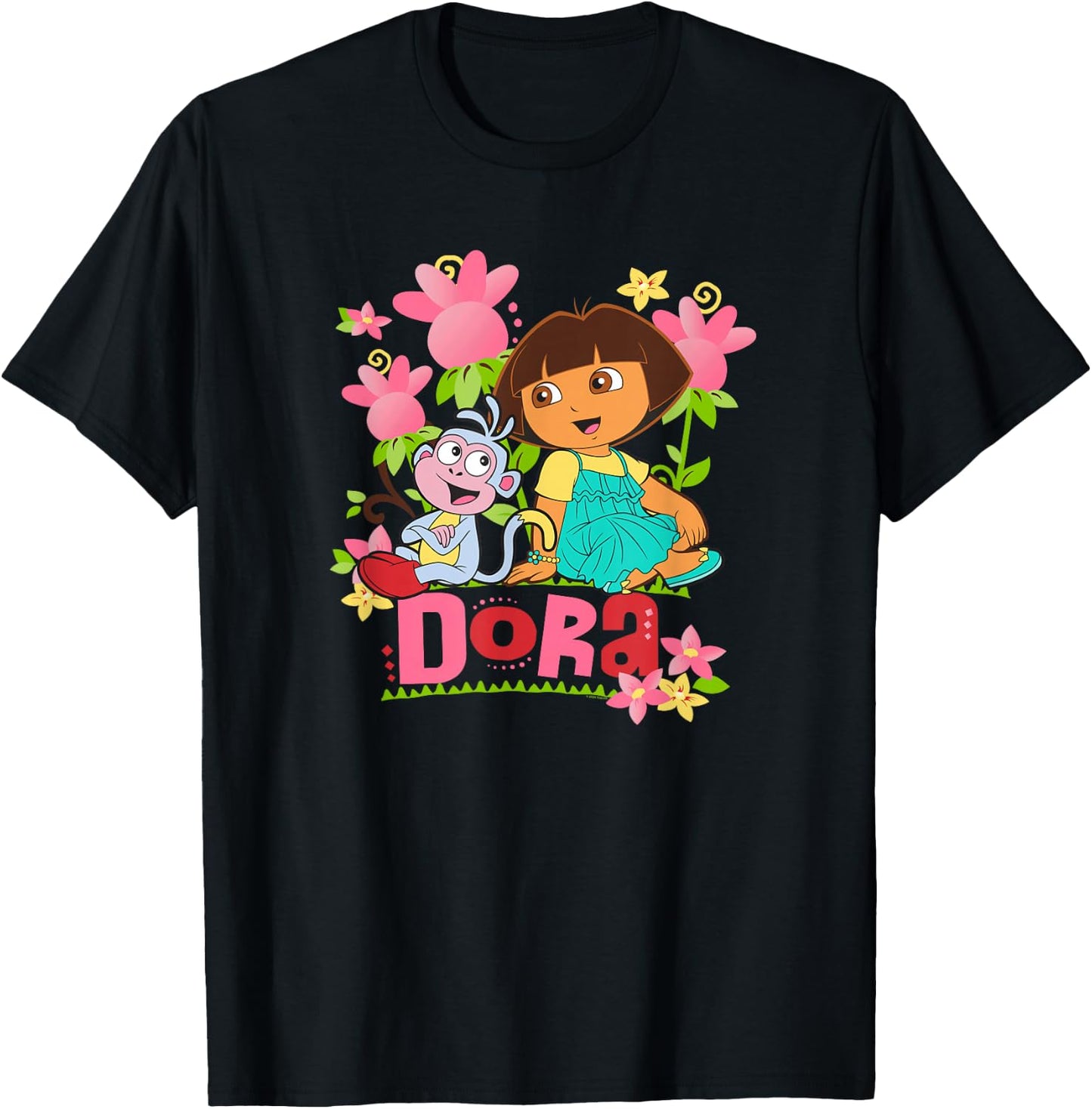Dora The Explorer Boots Monkey Colorful Flowers , Black, S T-Shirt - T-Shirt | Black