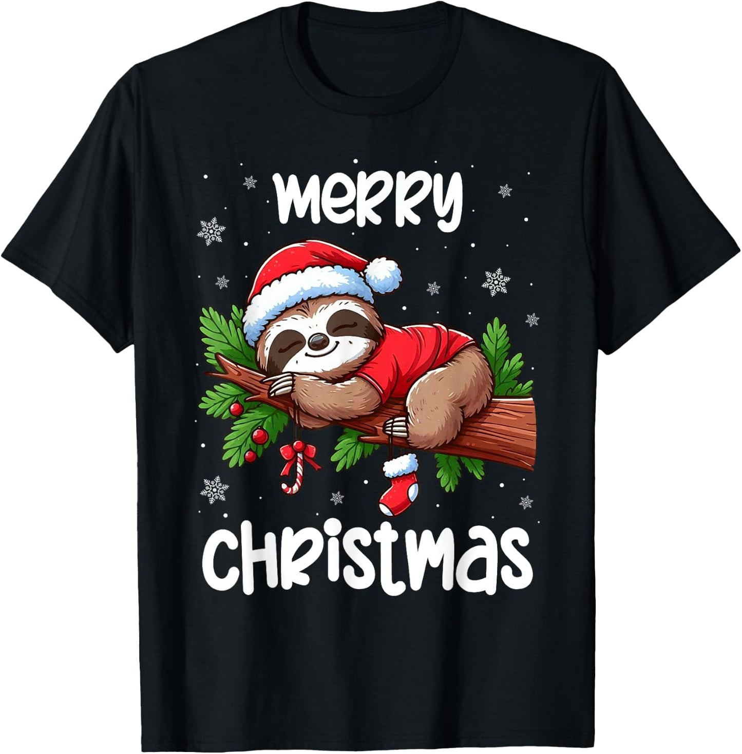 Merry Christmas Sloth Lazy Funny Christmas Sloth Lover Xmas T-Shirt - T-Shirt | Black