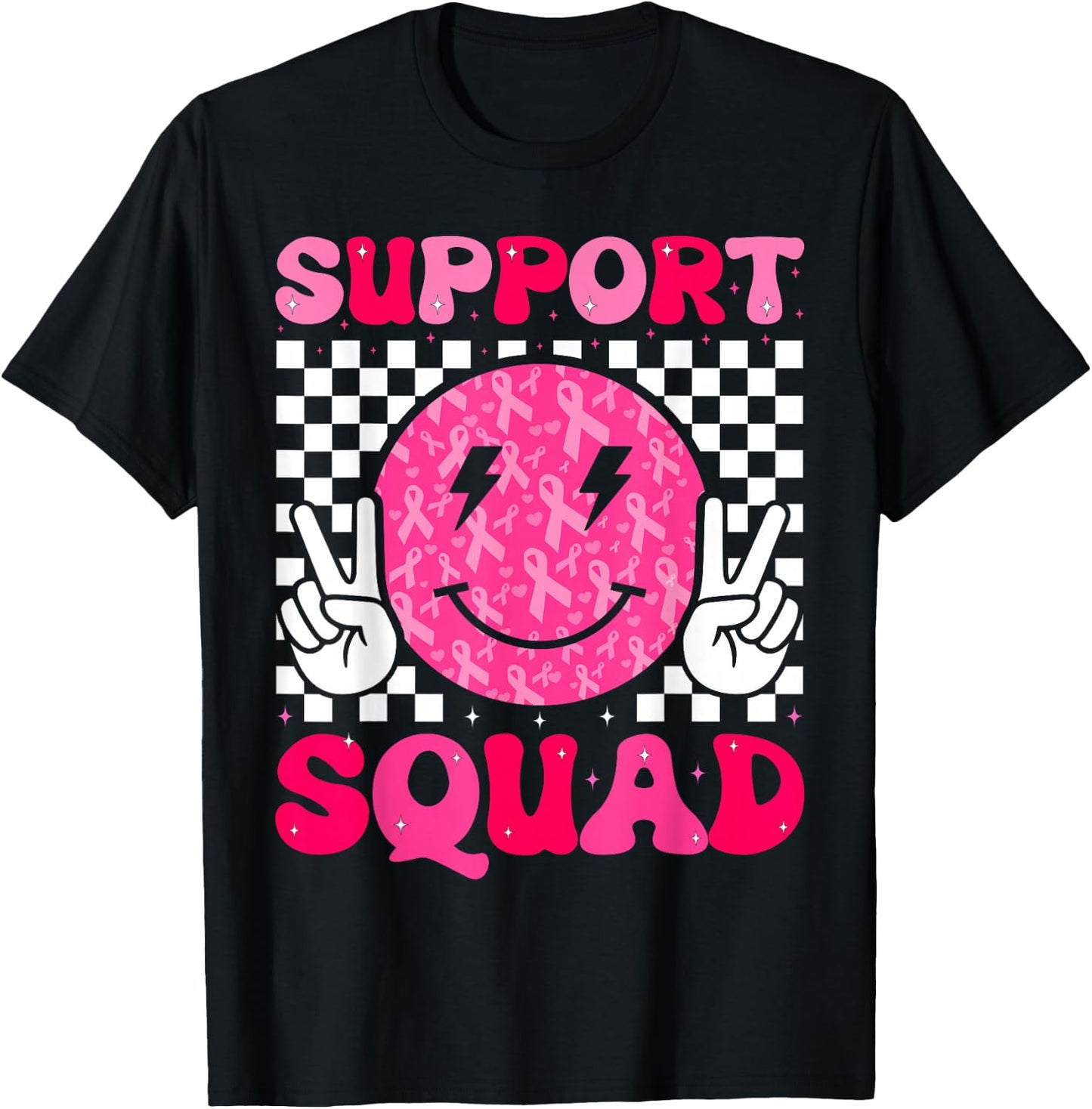 Retro Groovy Support Squad Kid Girl Breast Cancer Awareness T-Shirt - T-Shirt | Black