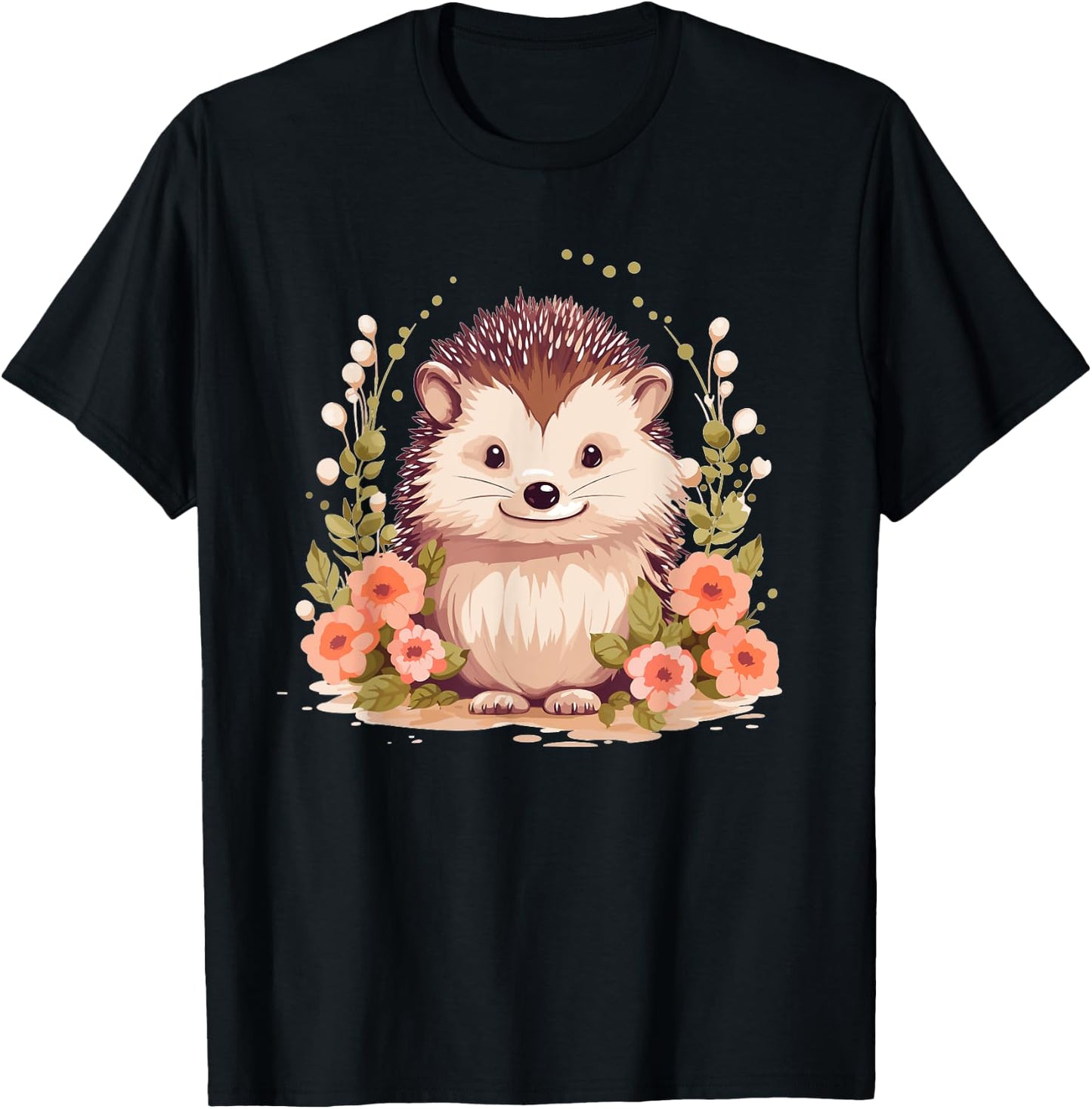 Cute Hedgehog With Flowers I Hedgehog T-Shirt - T-Shirt | Black