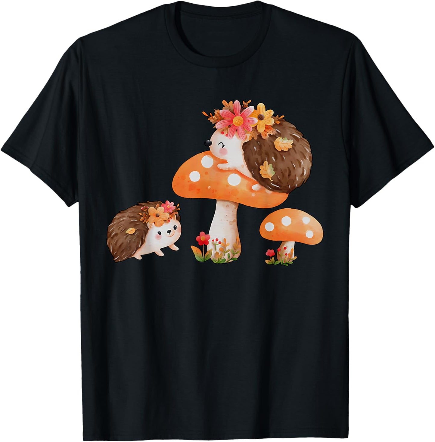 Cute Hedgehog Mushroom Fall Autumn Animal Lover T-Shirt - T-Shirt | Black