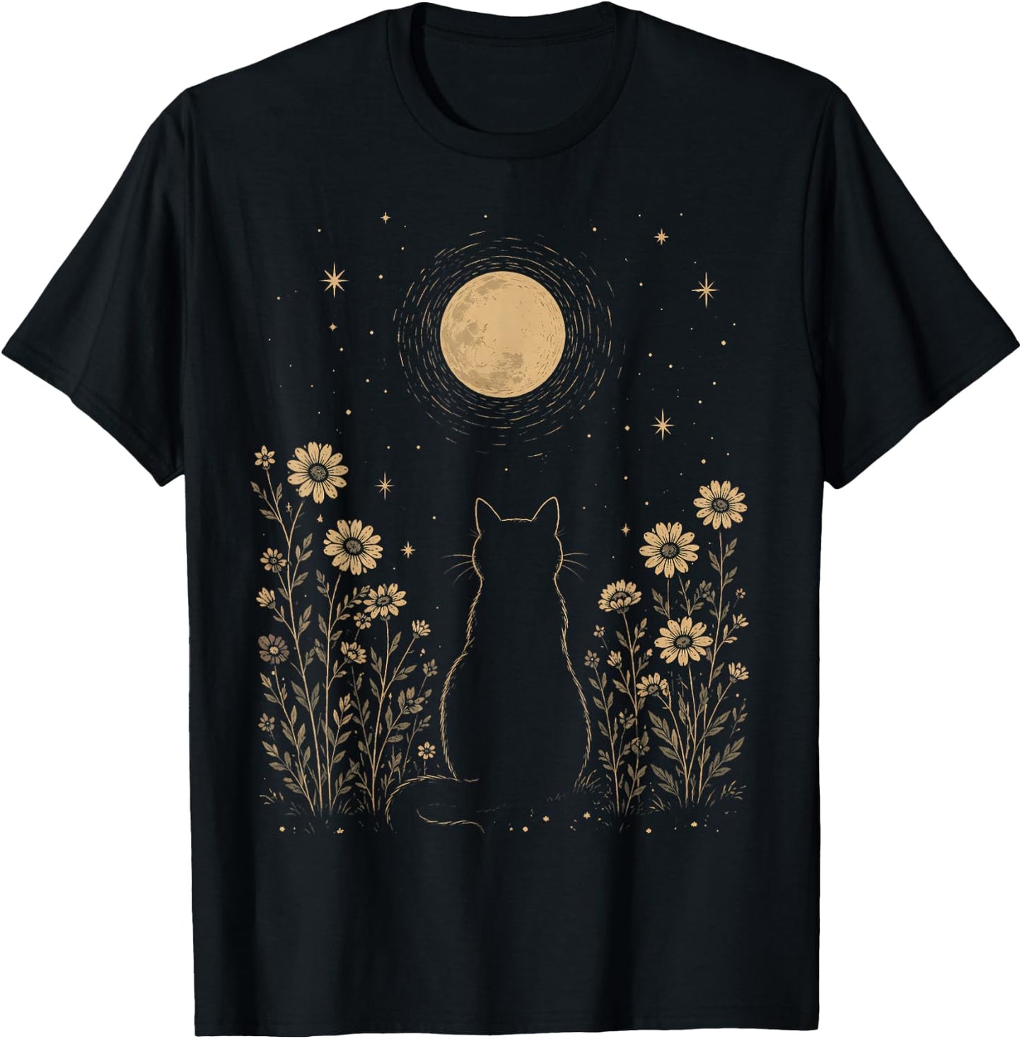 Moonlit Cat Beneath the Stars T-Shirt - T-Shirt | Black