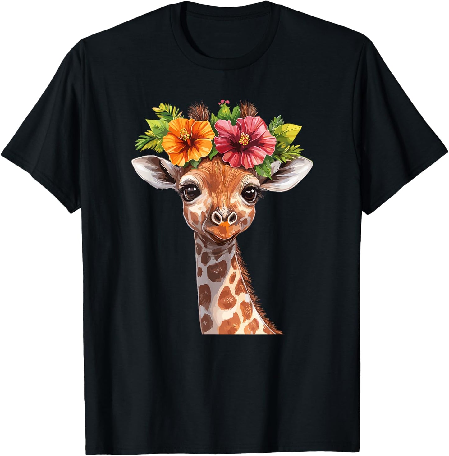 Cute Floral Giraffe With Flower Crown T-Shirt - T-Shirt | Black