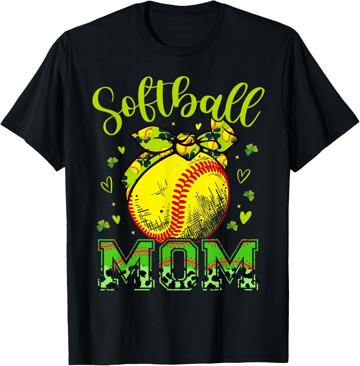 Softball Mom Headband Leopard Softball Ball St Patricks Day T-Shirt - T-Shirt | Black