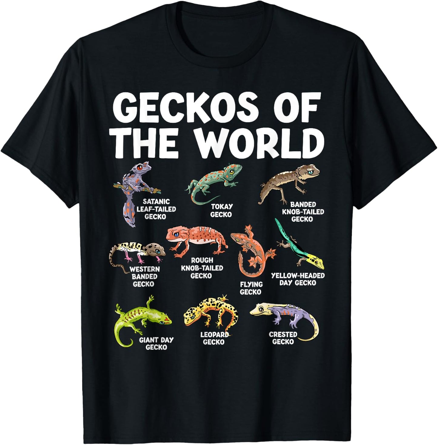 Geckos Of The World Kawaii Types Of Geckos Funny Lizard T-Shirt - T-Shirt | Black